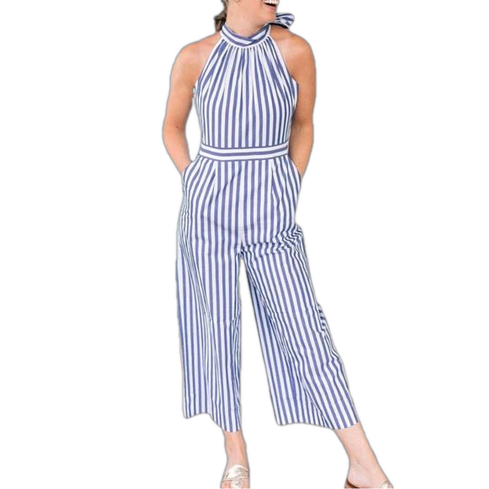 J. Crew Factory Blue and White Striped Cropped Halter Jumpsuit Size 0
